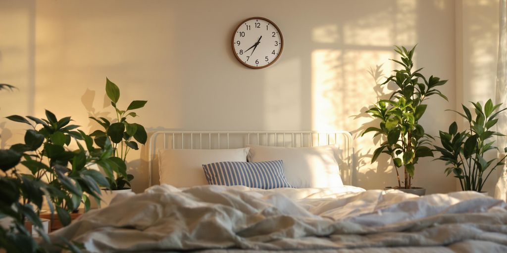 Bedroom with plants, clock, and calming lighting.