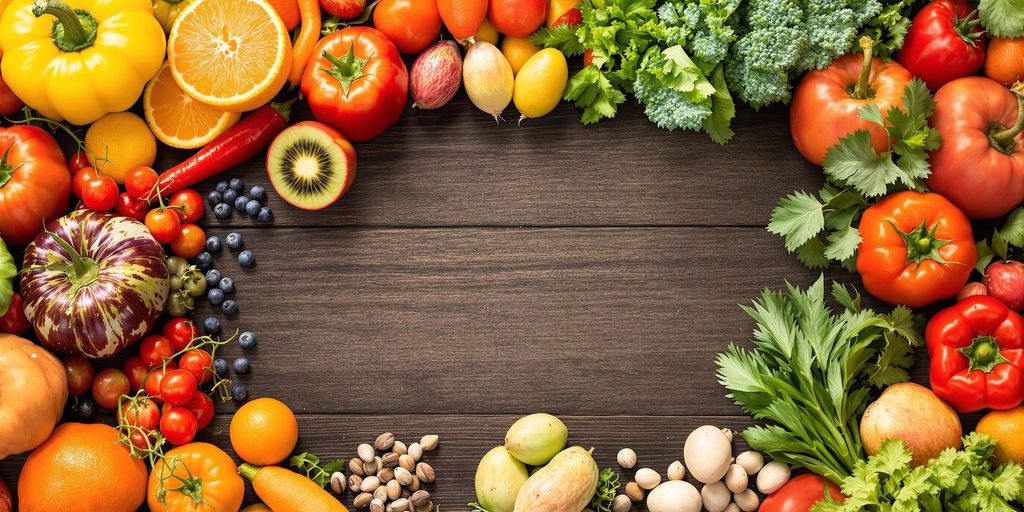 Colorful fruits and vegetables on a wooden table.