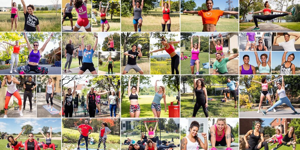 Diverse individuals exercising outdoors with enthusiasm and energy.
