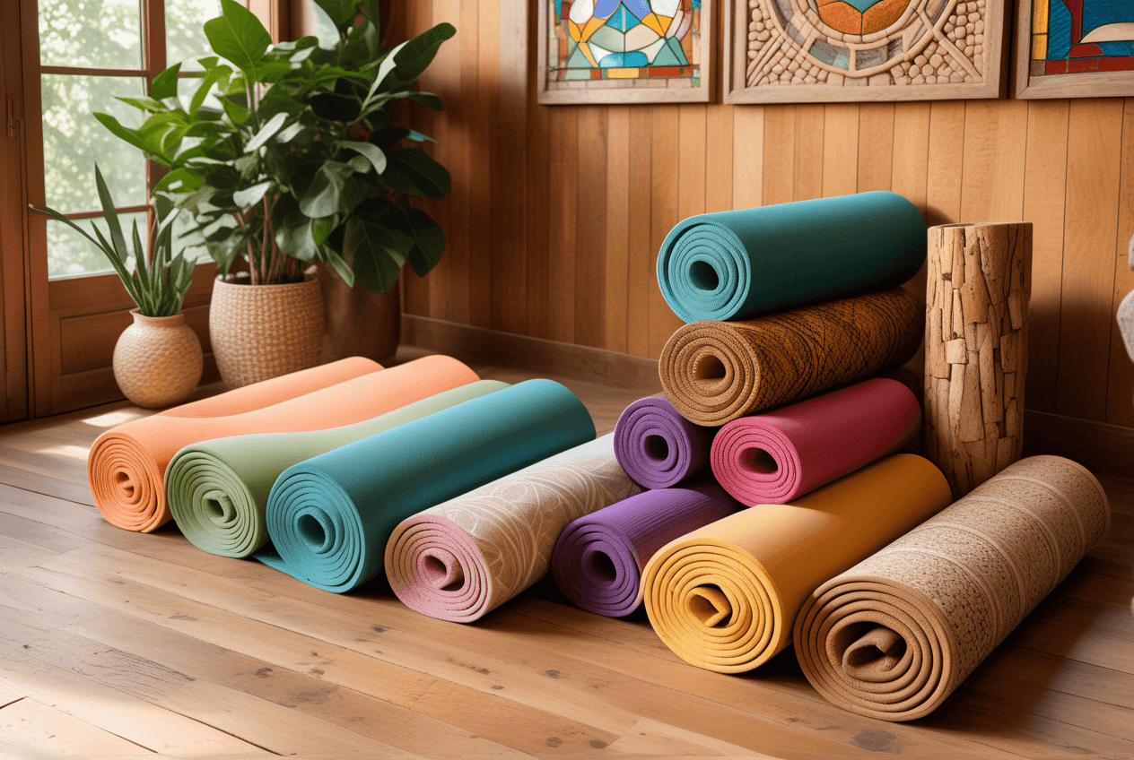 Luxurious yoga studio with eco-friendly yoga mats like cork and organic cotton, surrounded by plants, showcasing best eco-friendly yoga mats for 2025