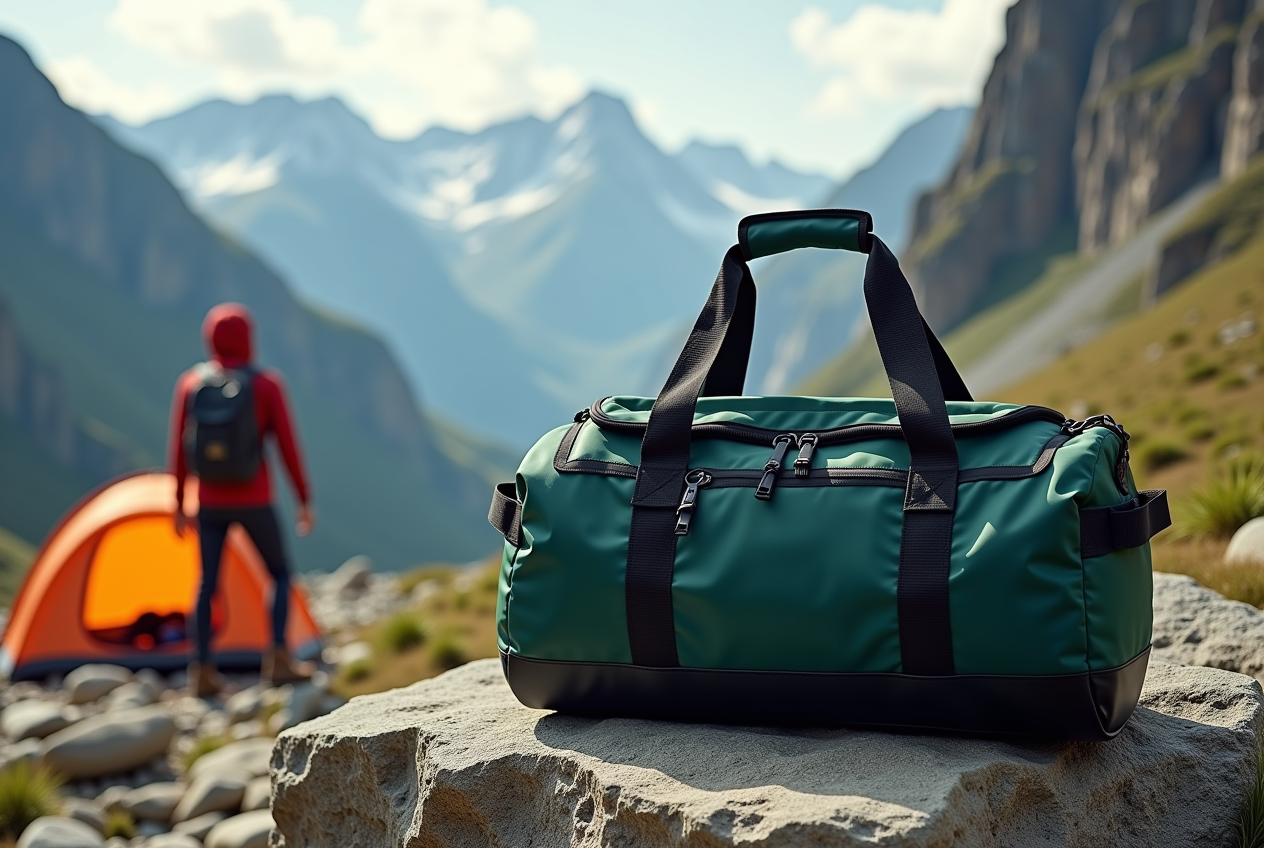 The Patagonia Black Hole Duffel, a durable and eco-friendly travel bag made from recycled materials, displayed in an outdoor adventure setting, highlighting its weather-resistant design