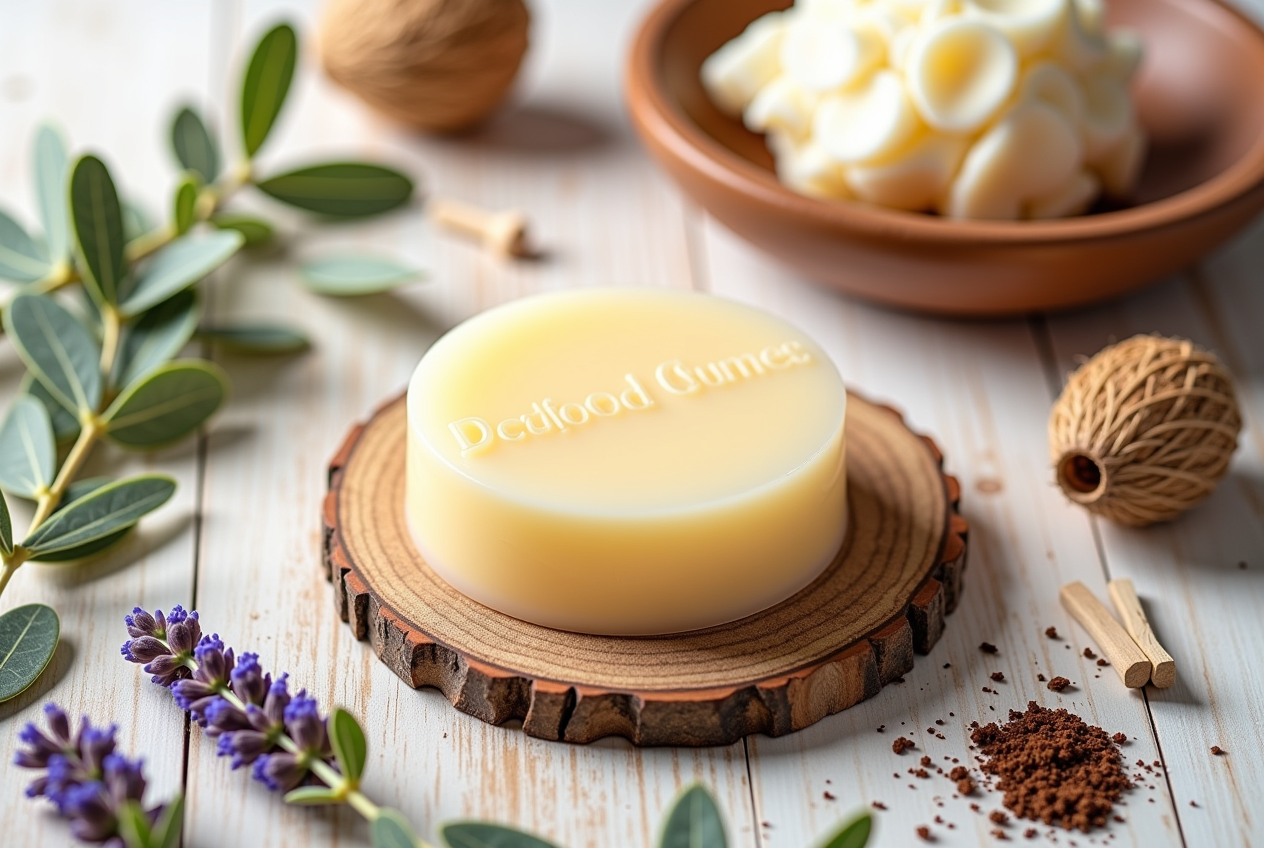 A collection of handmade DIY shampoo bars with natural ingredients like shea butter, coconut oil, and essential oils, displayed on a rustic surface with greenery, promoting sustainable and eco-friendly hair care