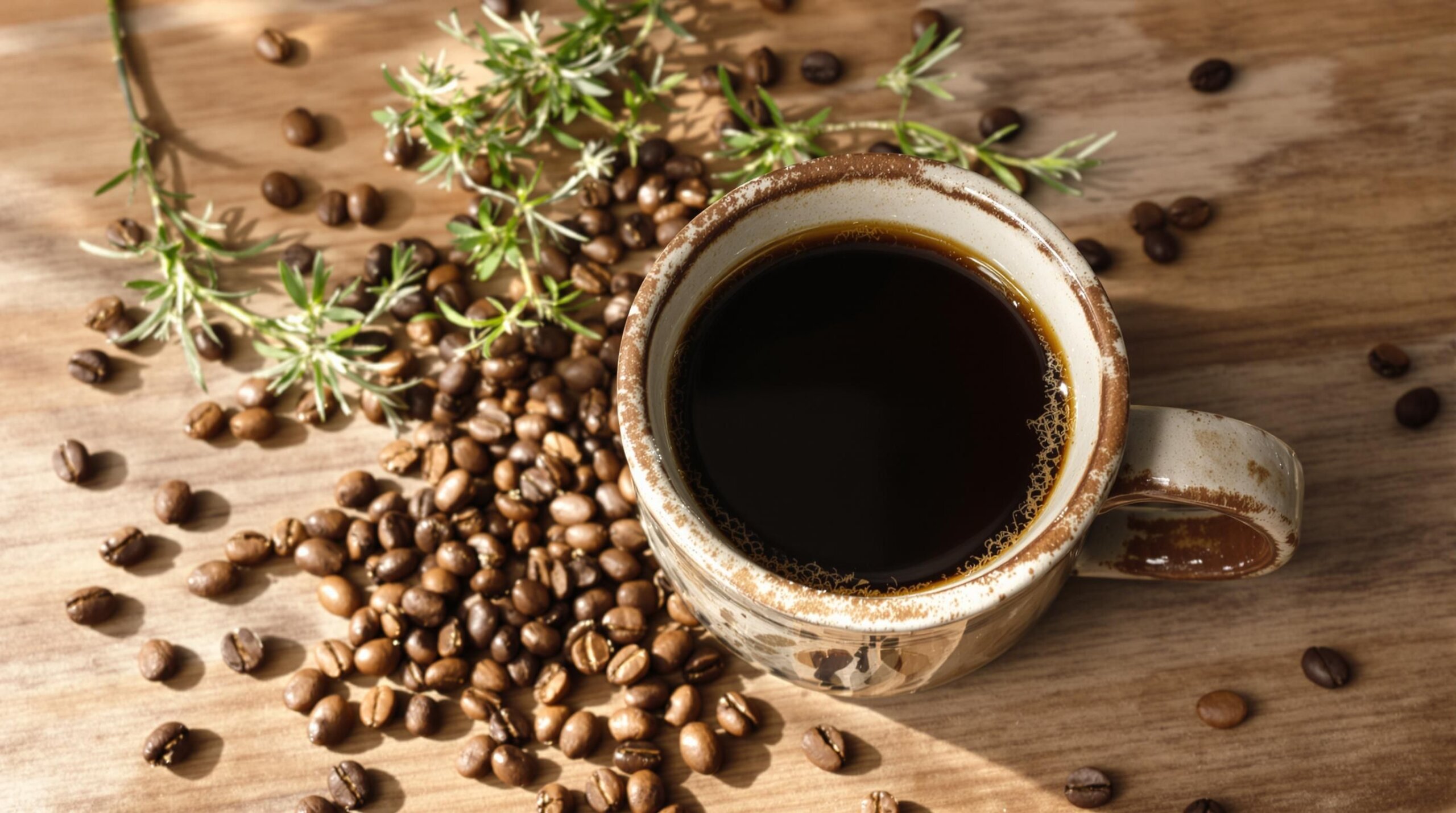 Rustic ceramic mug with coffee beans and greenery.
