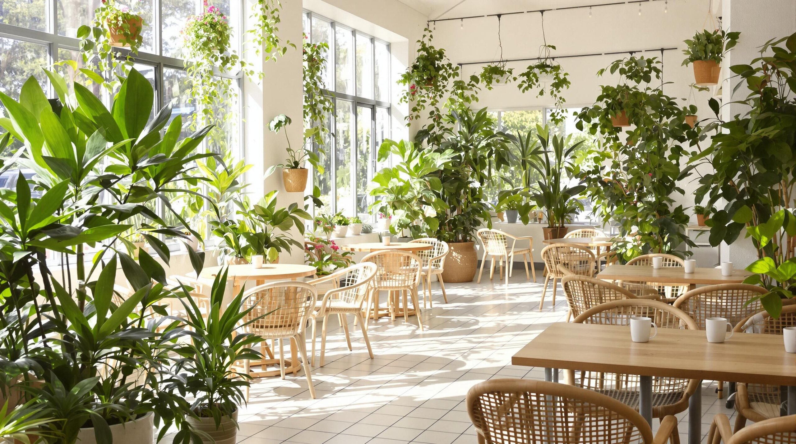 Bright cafe interior with plants and warm wooden furniture.