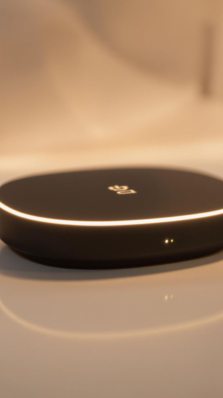 Smart home hub with glowing lights.