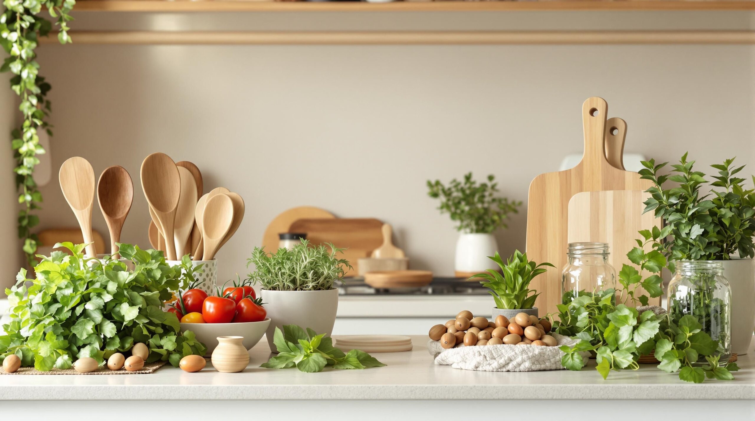 Eco-friendly kitchen with fresh produce and sustainable tools.