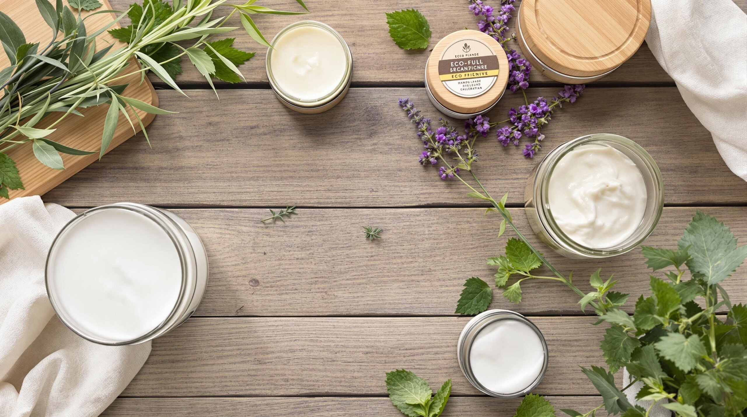 Eco-friendly skincare products on rustic wood.