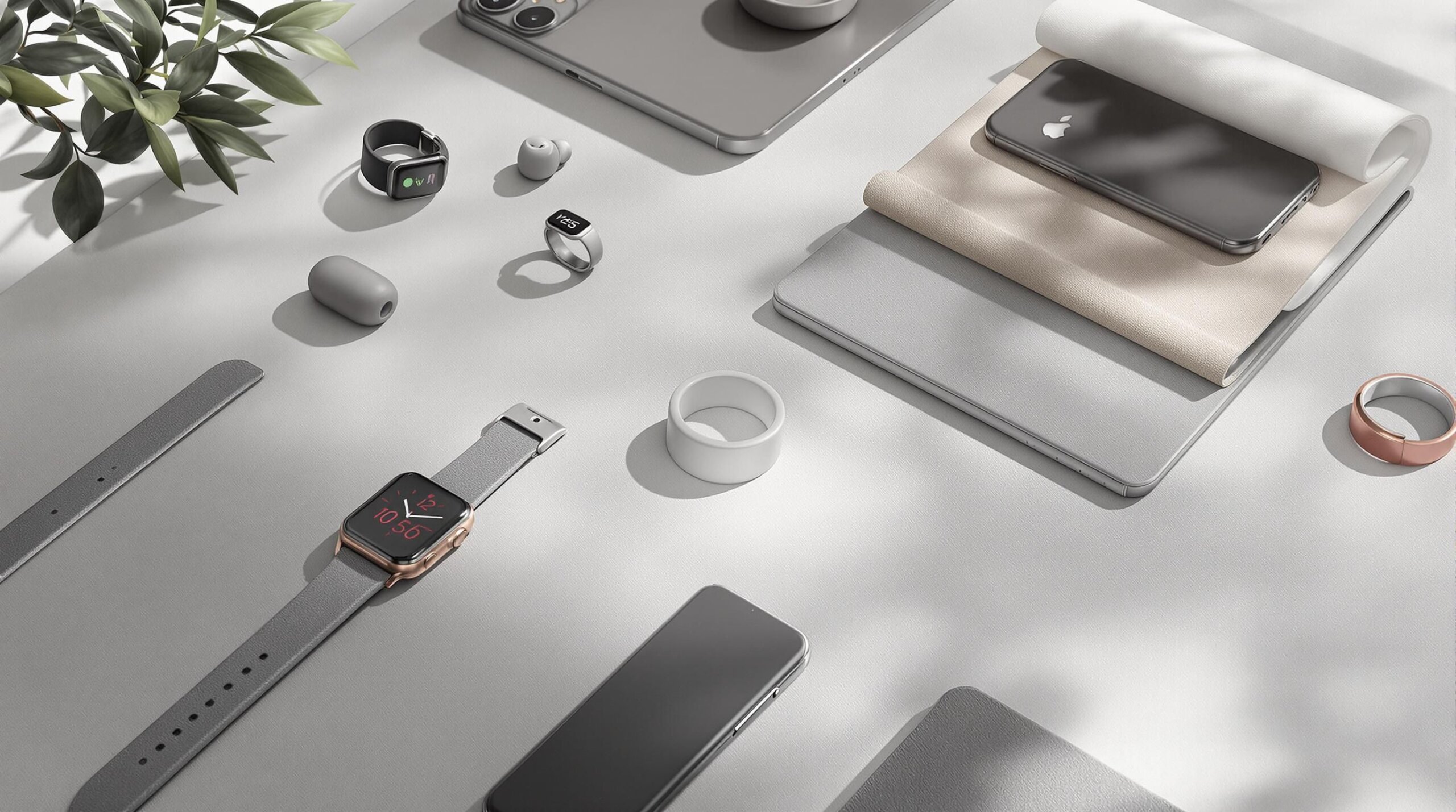Assorted trending tech gadgets on a sleek, minimalist table.
