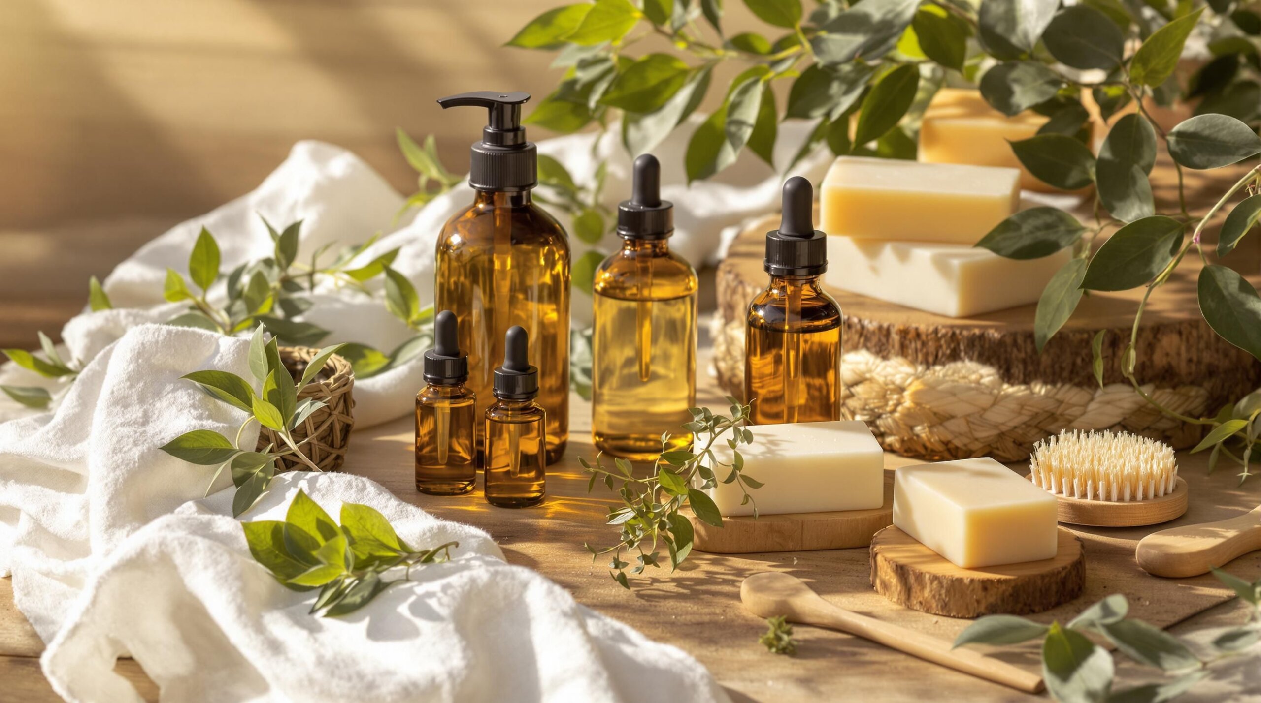 Natural skincare essentials on a rustic wooden table.