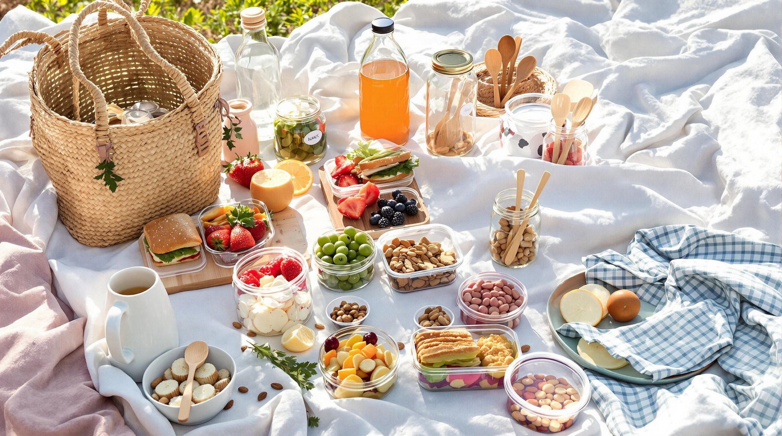 Eco-friendly picnic with fresh food and reusable items.