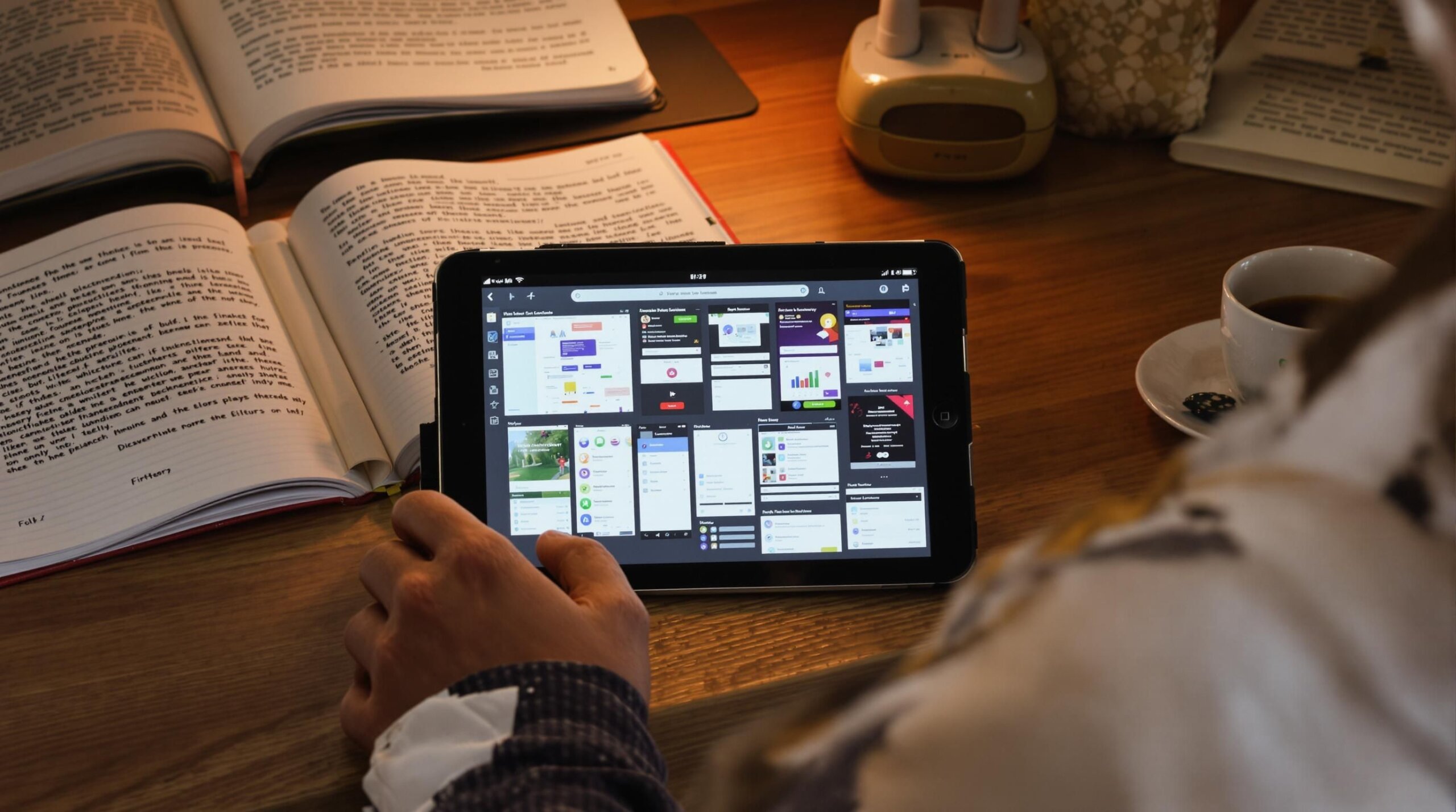 Student using tablet with study apps, surrounded by books.