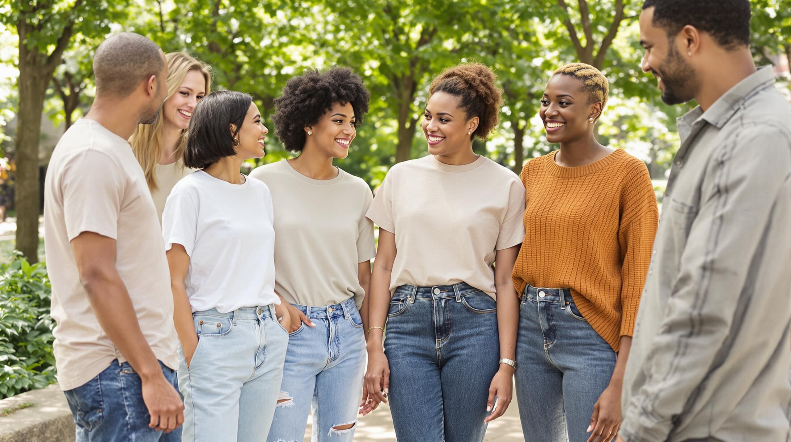 A diverse group of people wearing stylish, everyday ethical fashion.