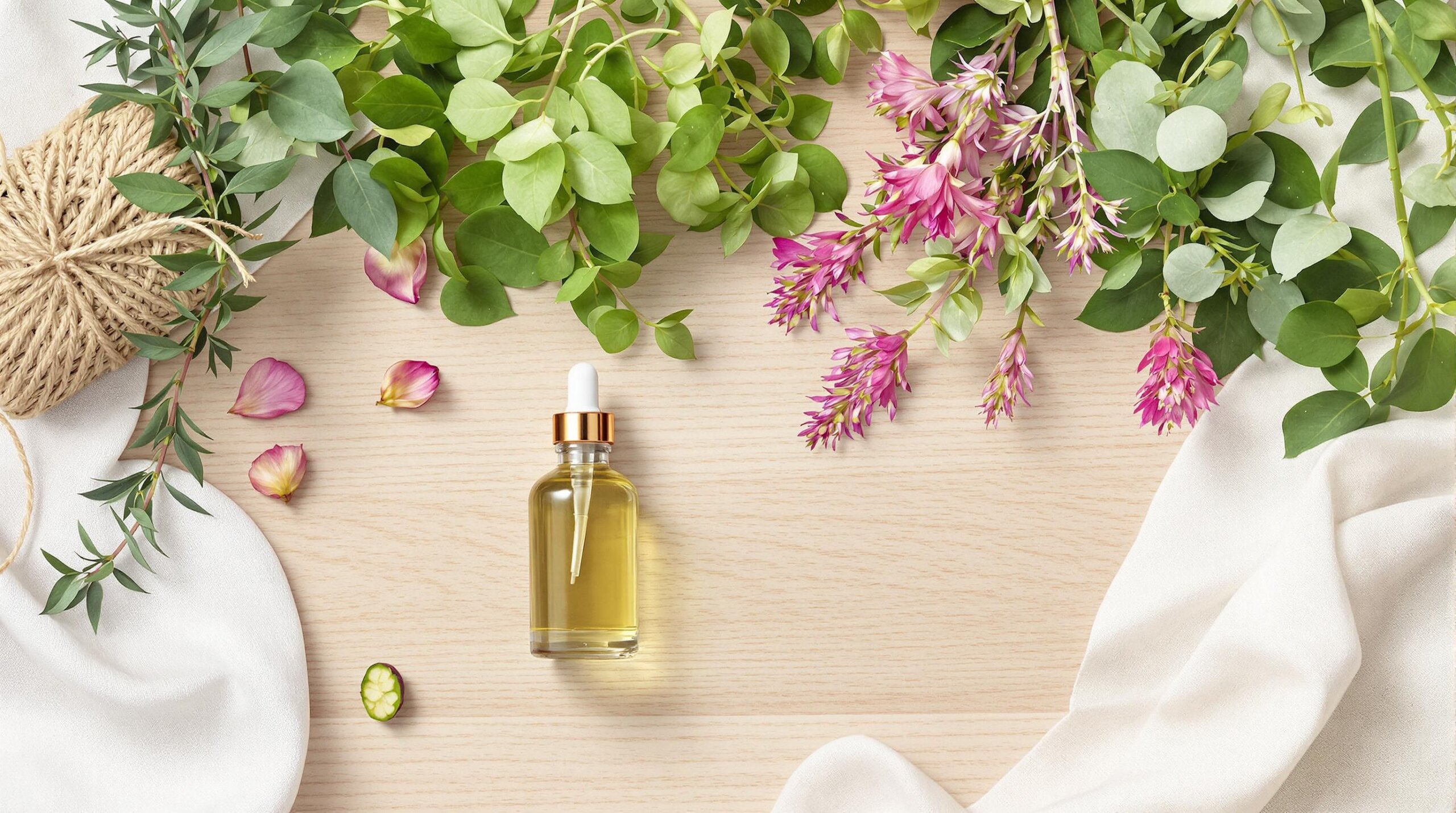 Fresh herbs, aloe, glass bottles, floral essences on wood.