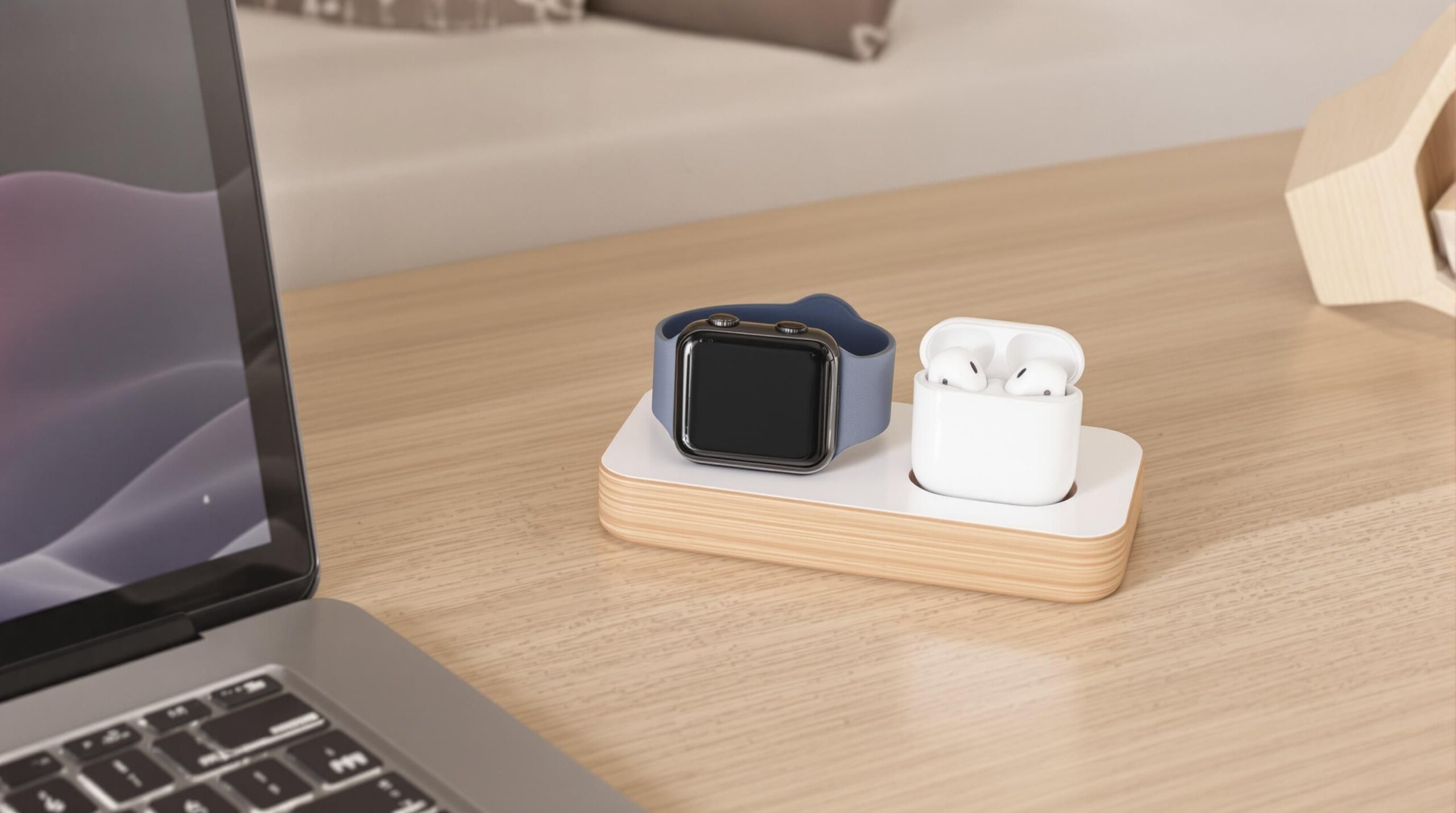 Sleek charging station with Apple devices.