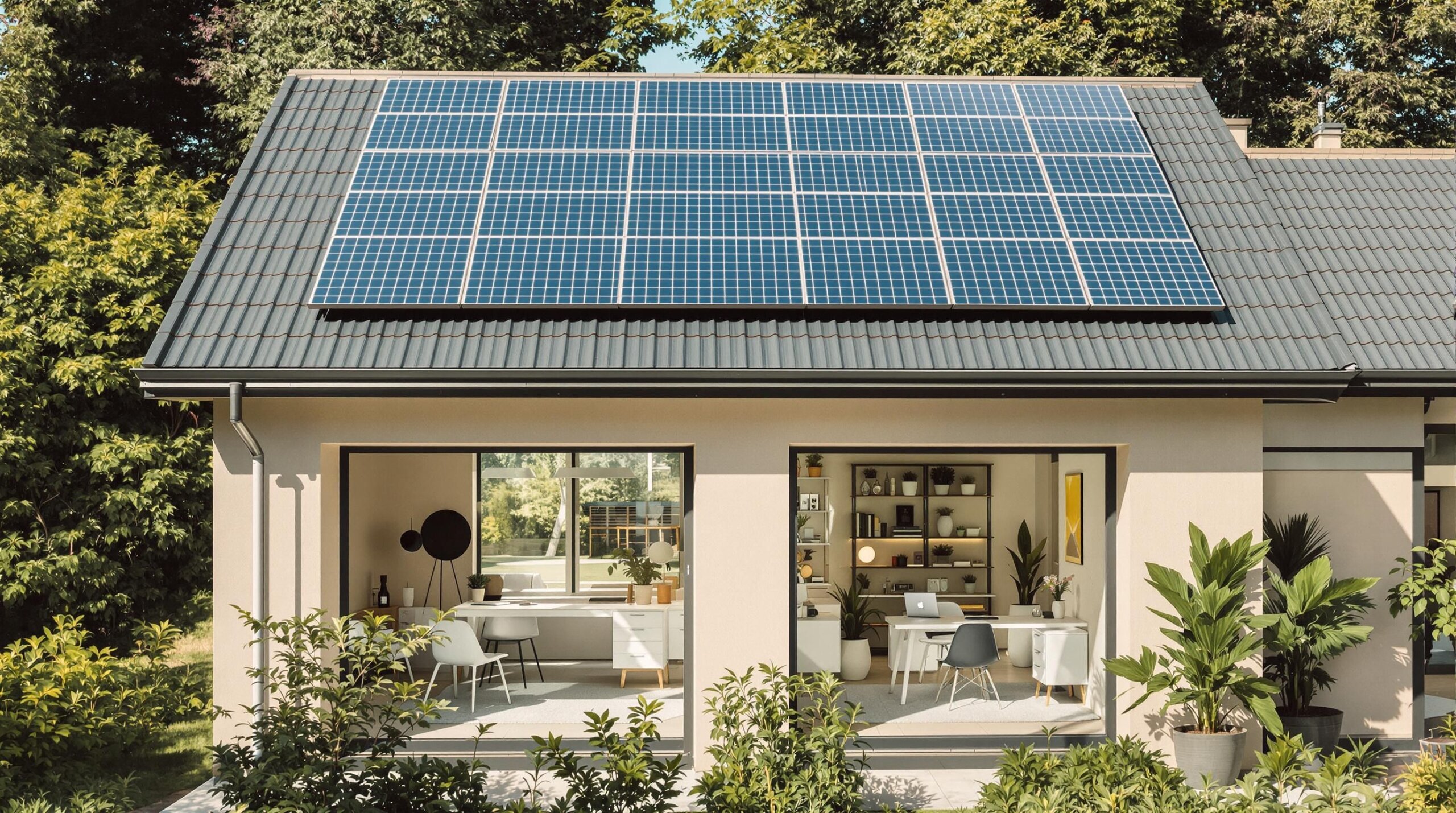 Solar panels on a modern home, stylish home office.