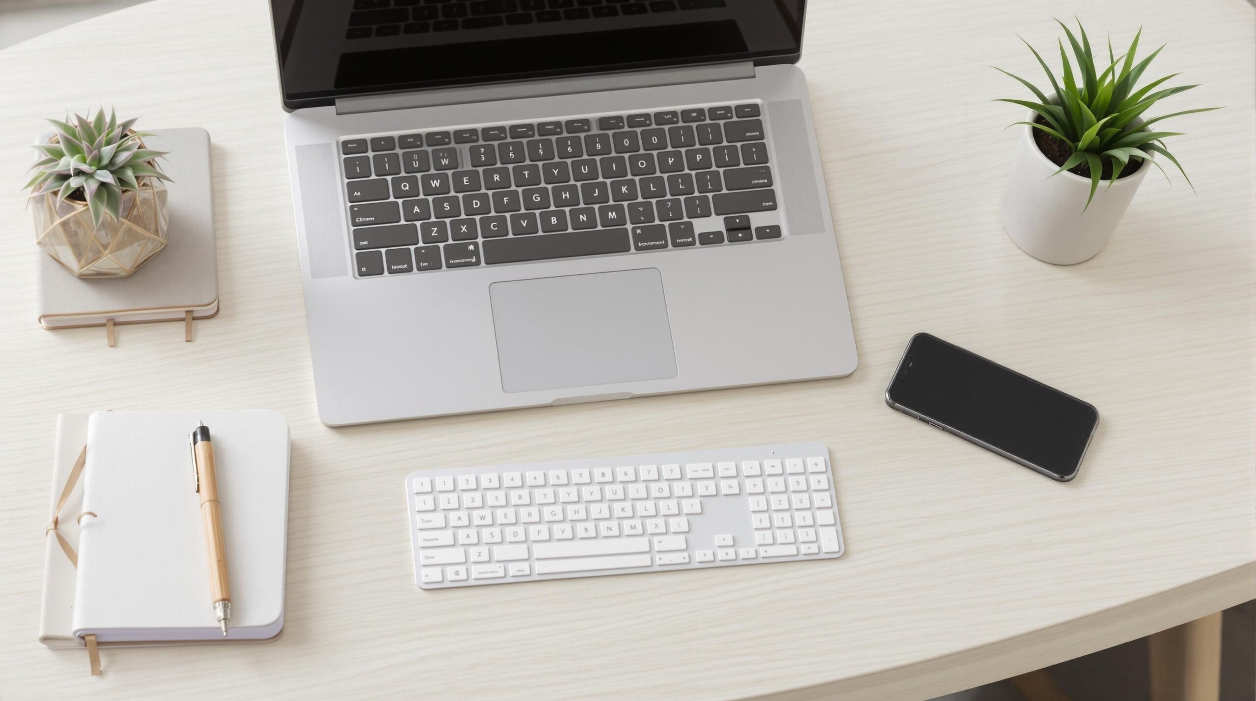 Clean desk with laptop, phone, plant.