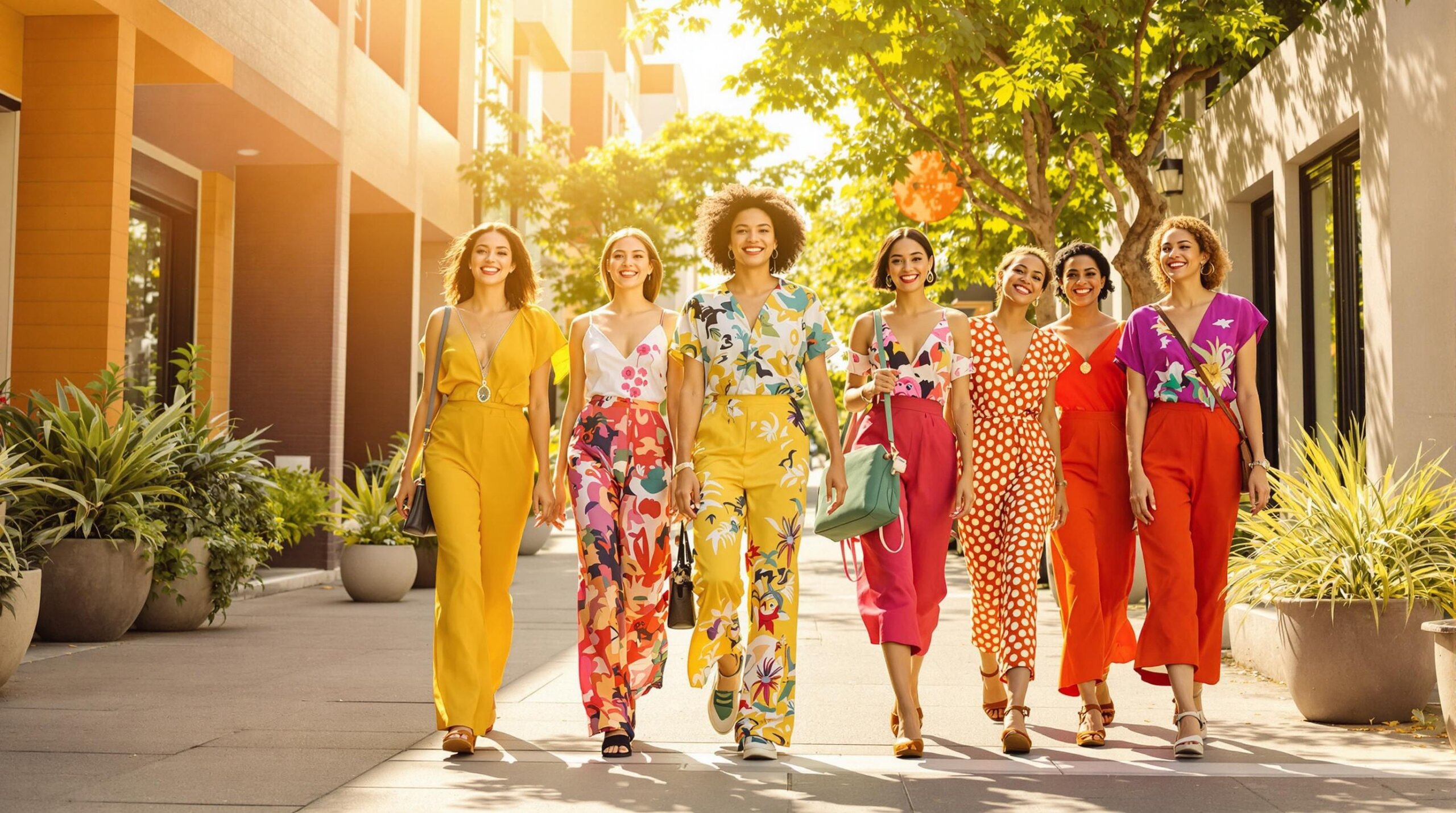 Diverse models in bright, eco-friendly outfits on a sunny urban street.