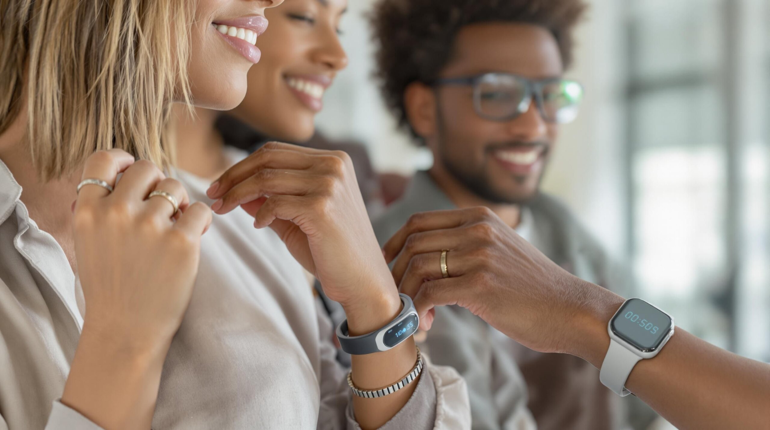 Diverse individuals wearing futuristic wearable tech.