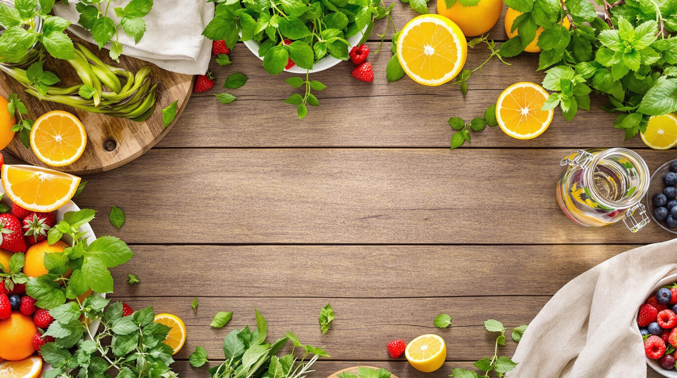 Fresh herbs, fruits, and detox water on a rustic table.