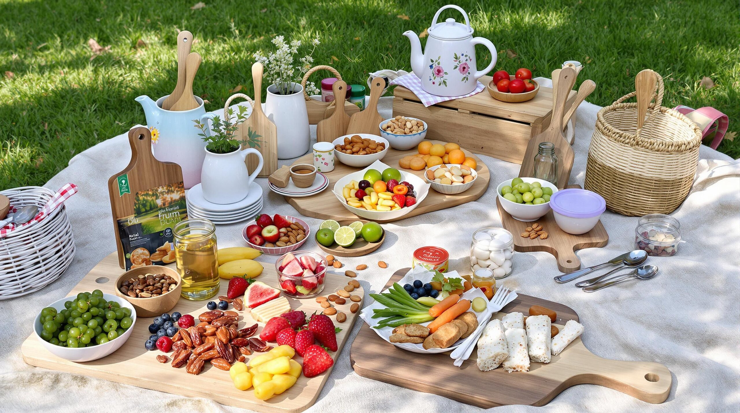 Picnic blanket with natural snacks and eco-friendly items.