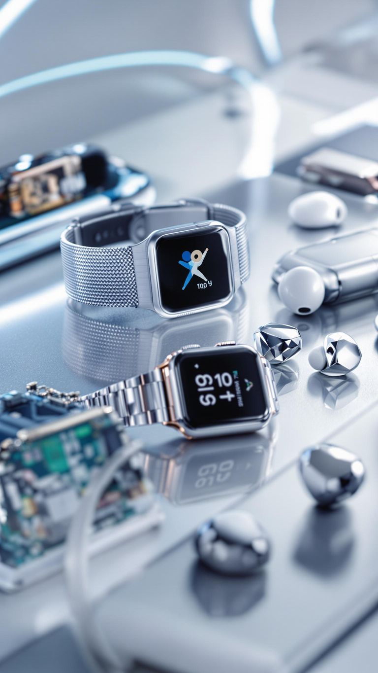 Assorted wearable tech devices on a futuristic surface.