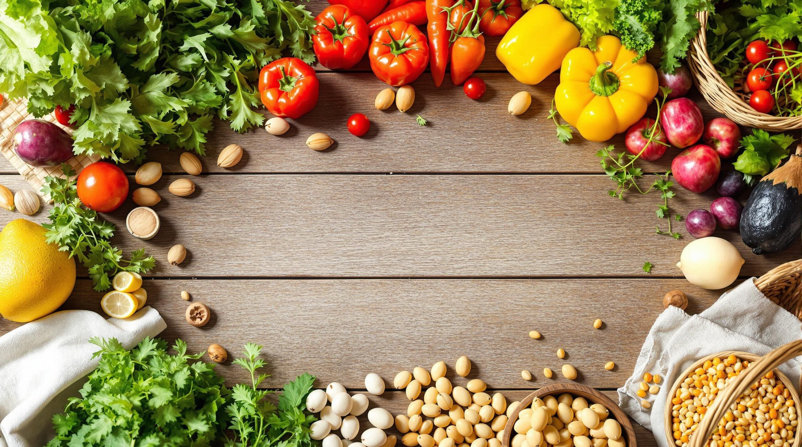 Vibrant natural foods on rustic table.