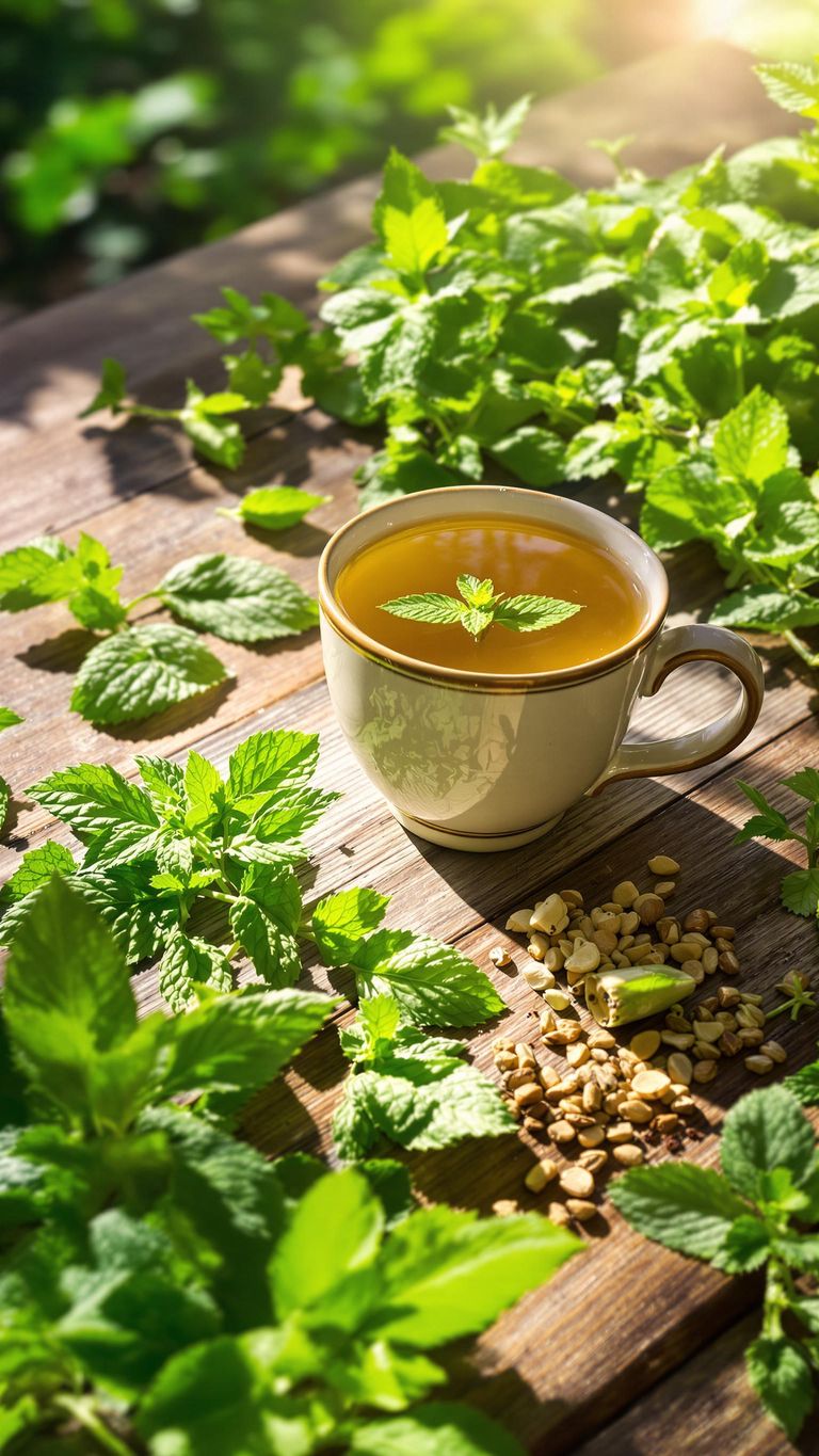 Rustic tea cup with vibrant fresh herbs on wooden table.