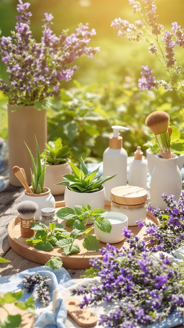 Natural skincare tools, herbs, and organic beauty products photographed outdoors.
