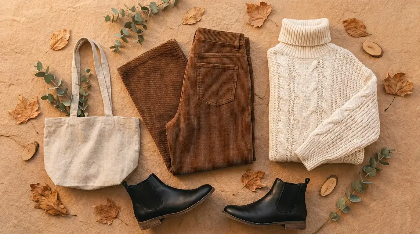 Sustainable corduroy pants outfit ideas with turtleneck, chelsea boots and tote bag