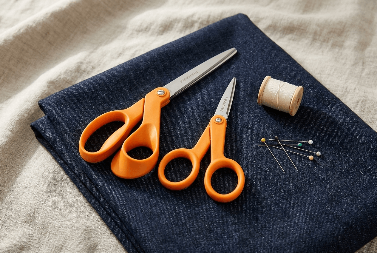 Fiskars original orange-handled scissors on dark denim fabric for zero-waste upcycling and fabric cutting