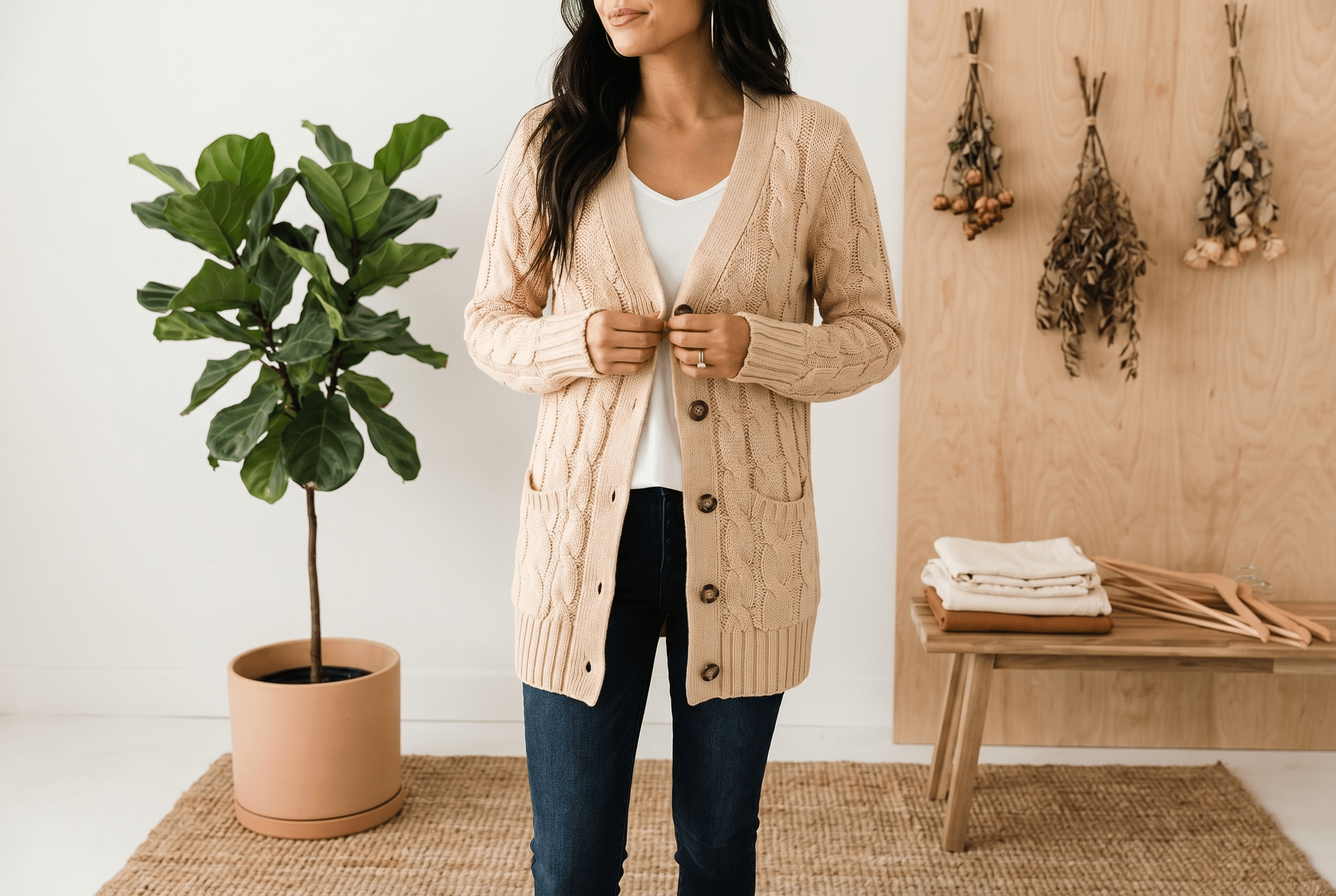 Sustainable knit cardigan sweater in eco-friendly natural setting