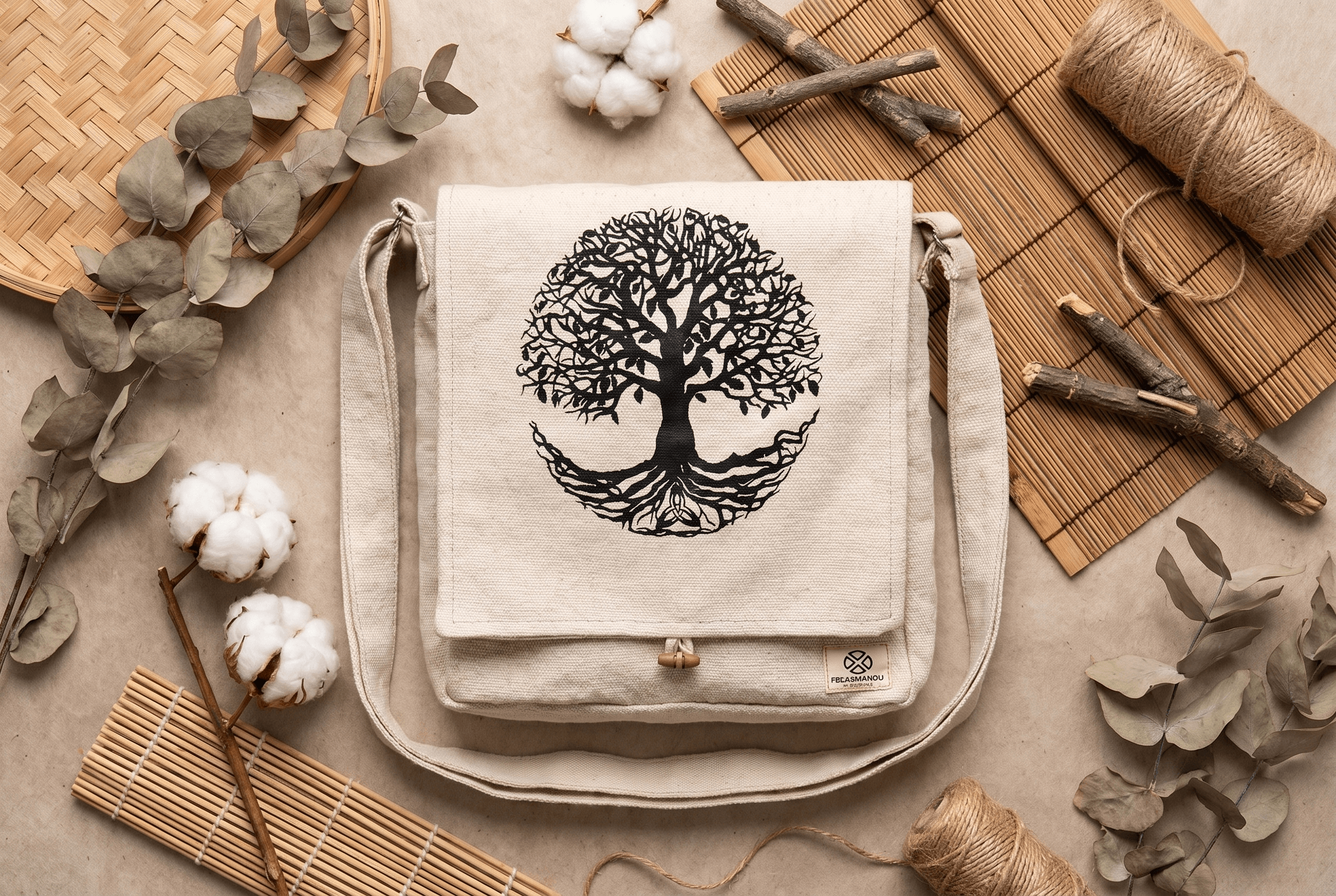 Freakmandu hemp crossbody bag with tree of life design on natural cotton — sustainable natural fibre bag