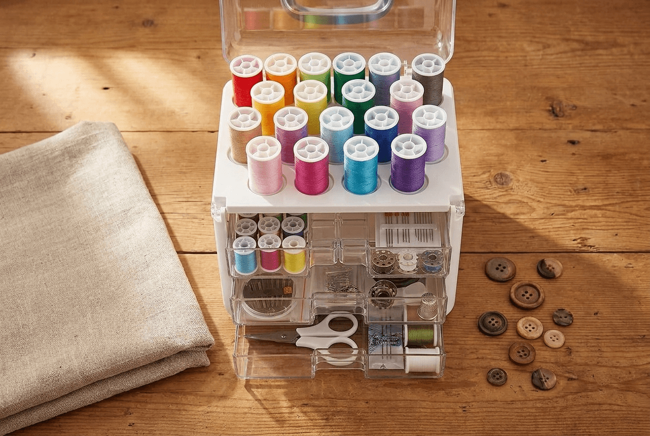 Singer Sew-It-Goes 224-piece sewing kit organizer open on wooden surface with colourful thread spools and accessories