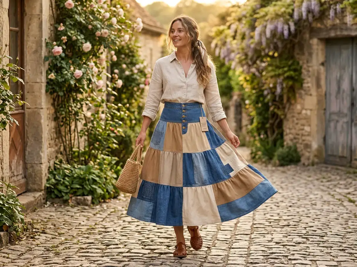 CIDER Tiered Patchwork Denim Maxi Skirt sustainable fashion editorial