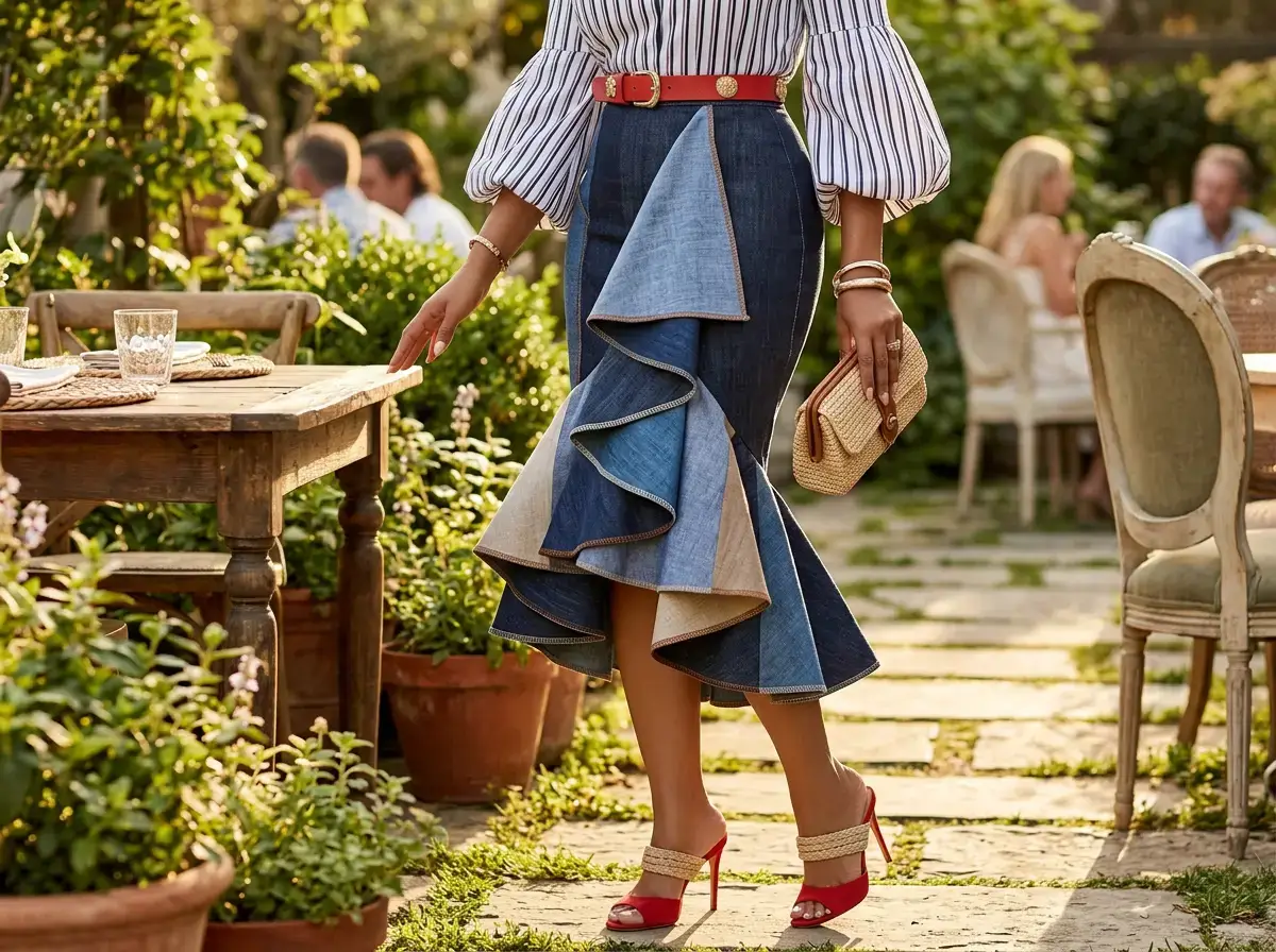 VERWIN Mermaid Patchwork Denim Mid-Calf Skirt editorial