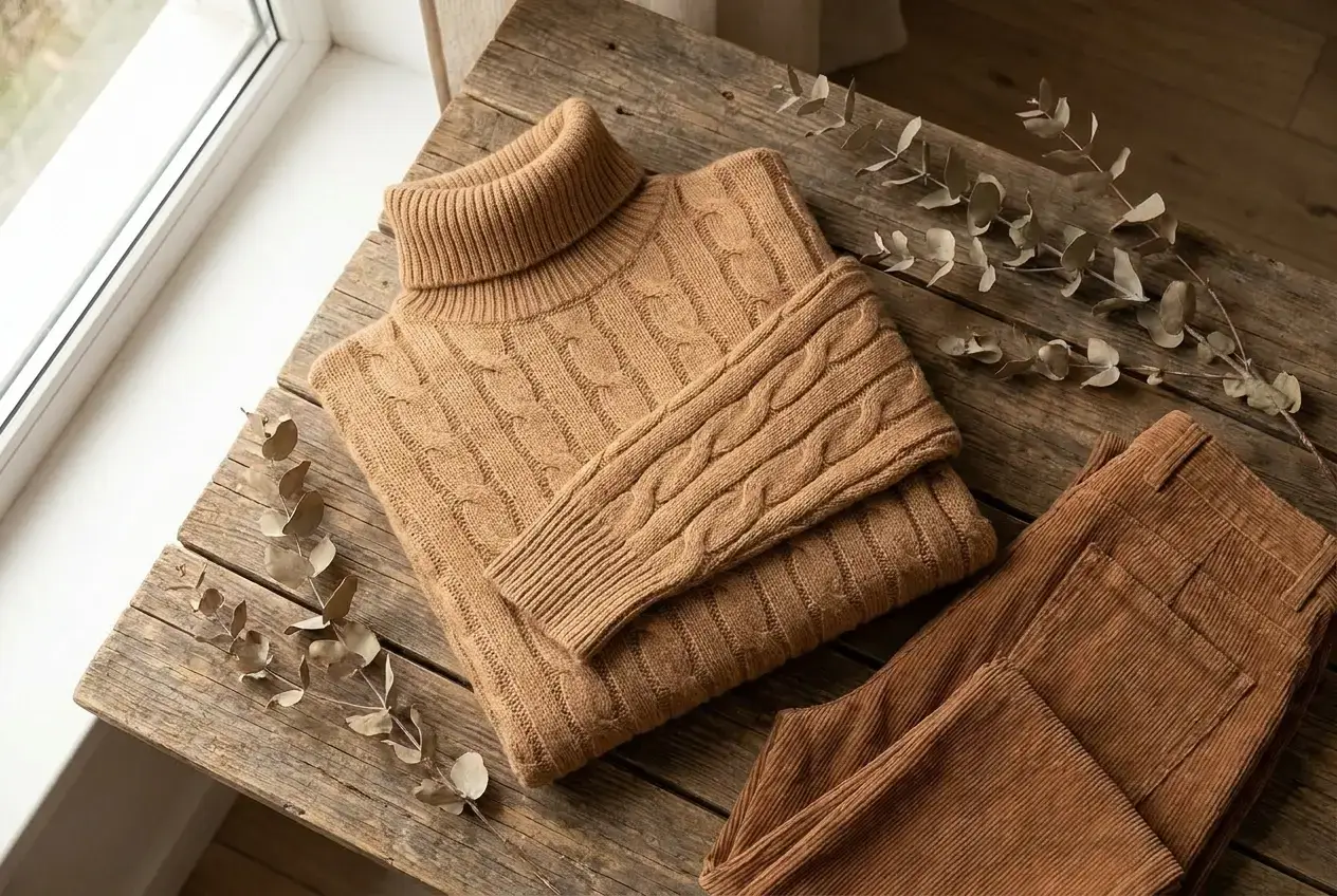 LOMON cable knit turtleneck sweater styled with corduroy pants