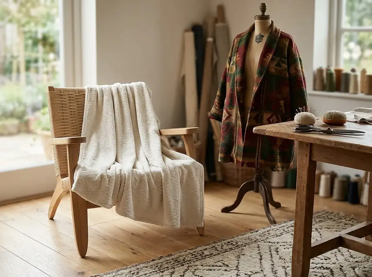 Woven throw blanket being upcycled into a blanket coat