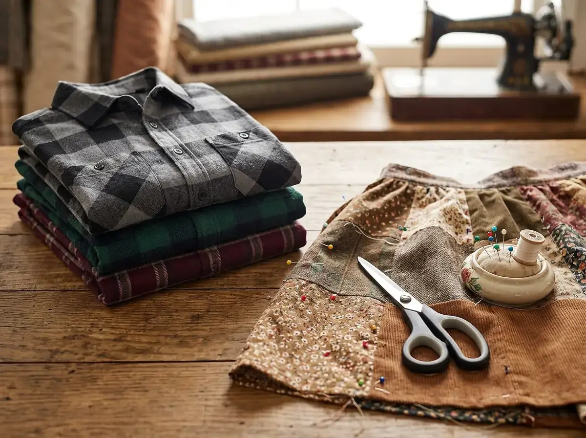Folded plaid flannel shirts for patchwork skirt upcycling