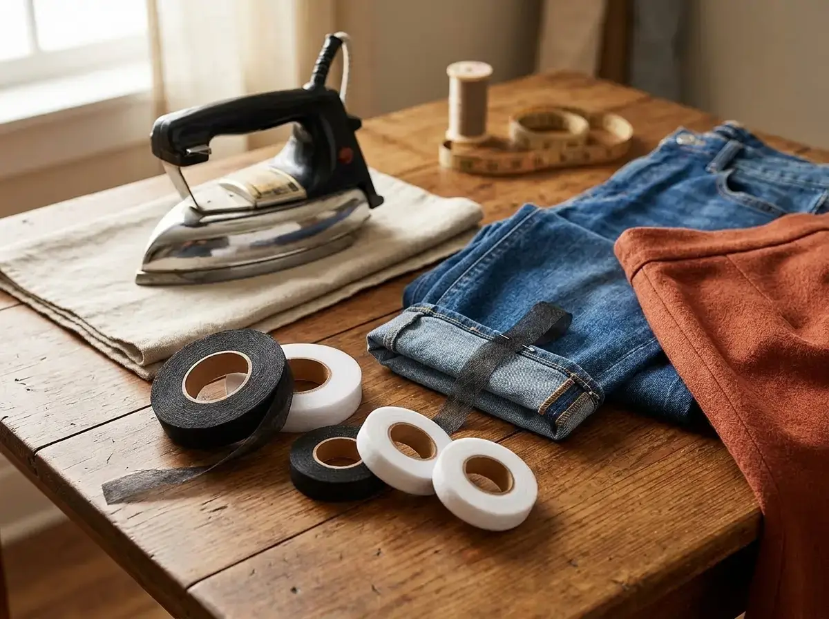 Iron-on hem tape and iron for no-sew upcycled fashion hems
