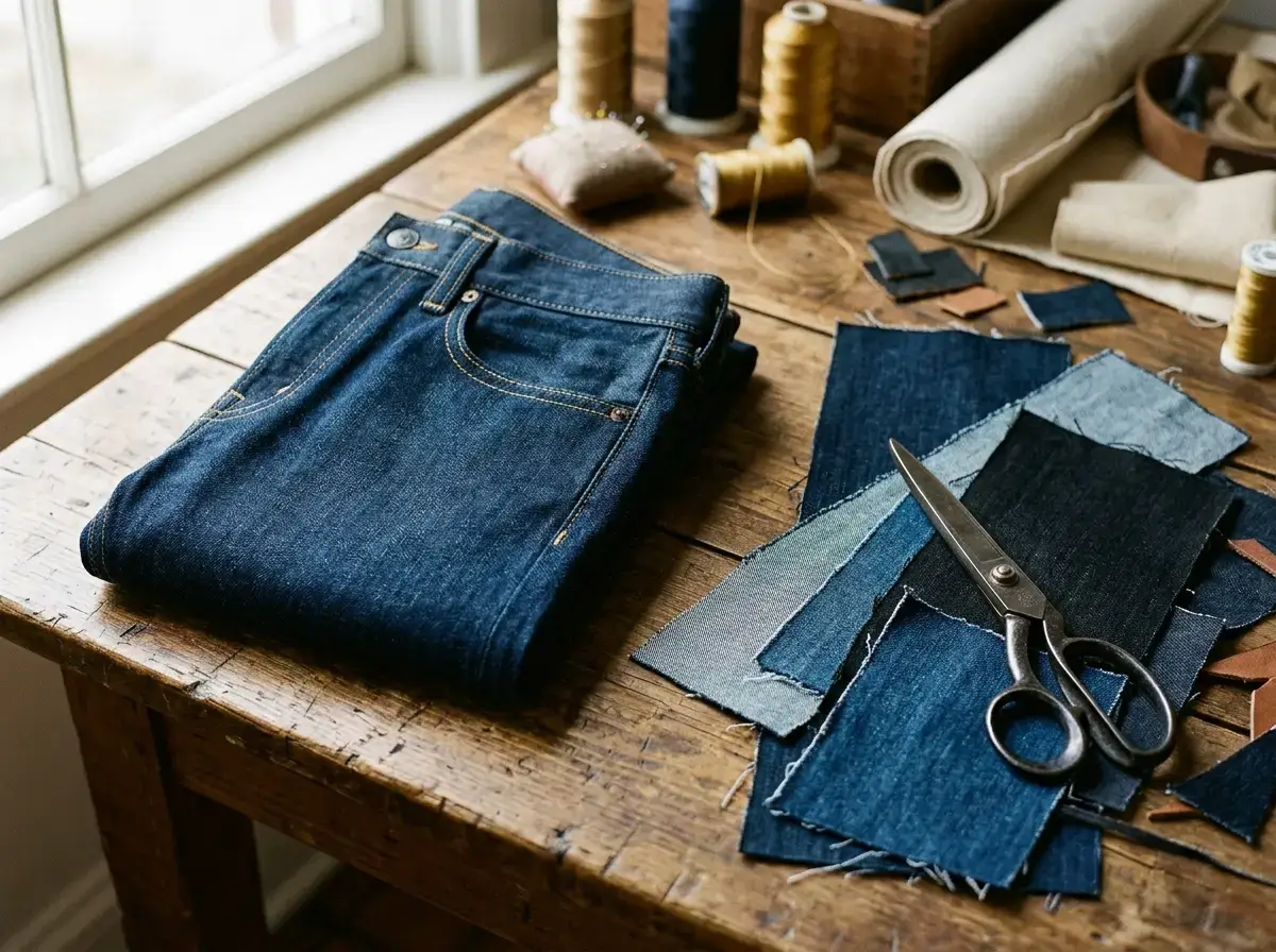 Rigid straight-leg jeans and cut denim panels for patchwork skirt