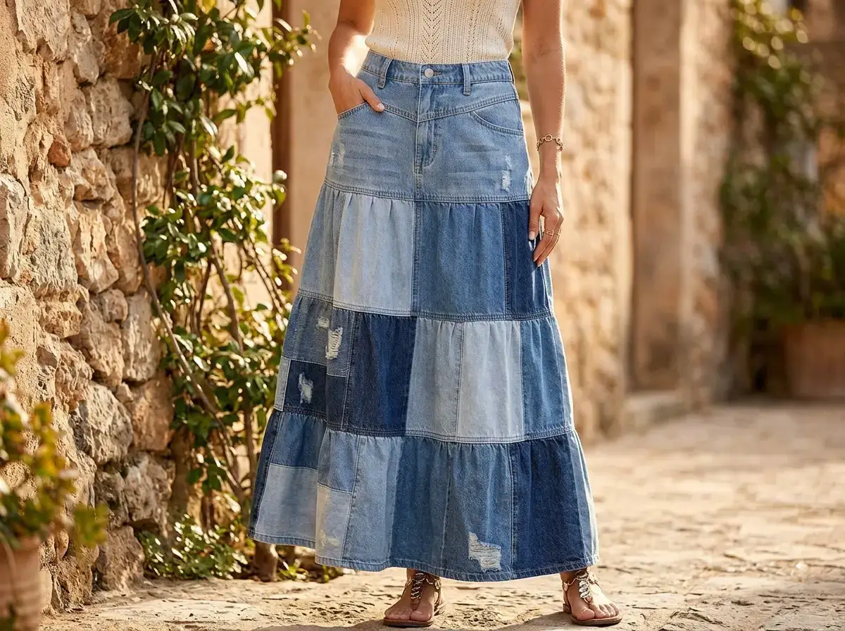 Tiered patchwork denim maxi skirt sustainable fashion outfit