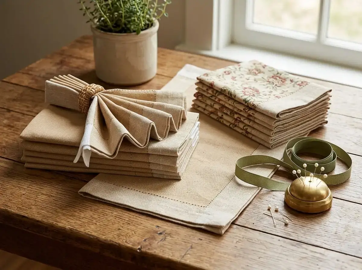 Linen cloth napkins laid out as a no-sew napkin skirt