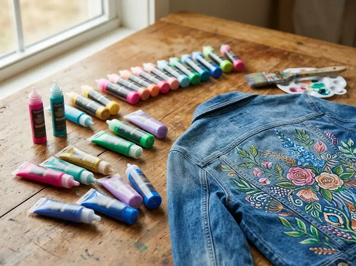 3D fabric paint and hand-painted denim jacket wearable art