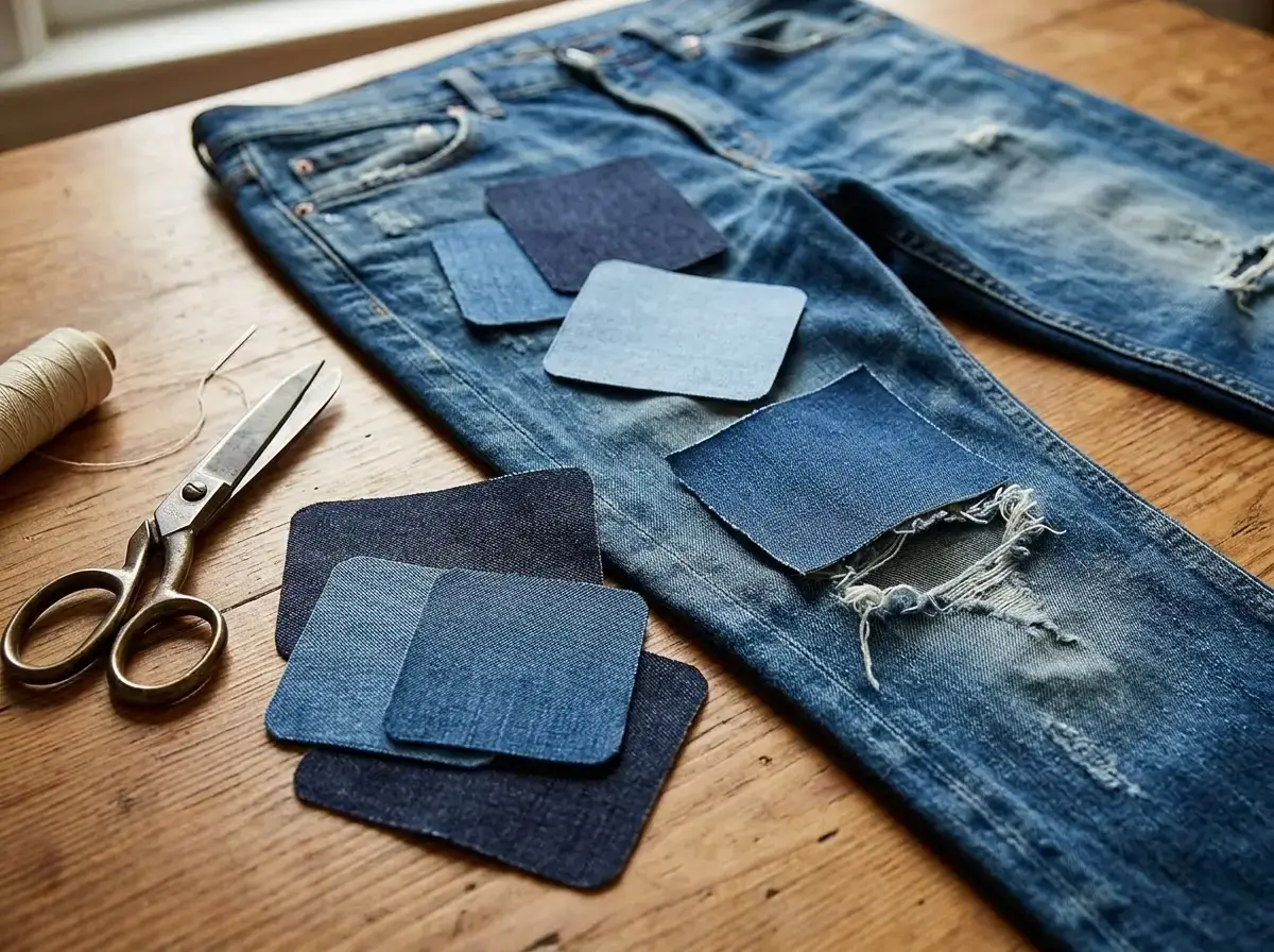 Indigo denim iron-on patches on worn jeans visible mending