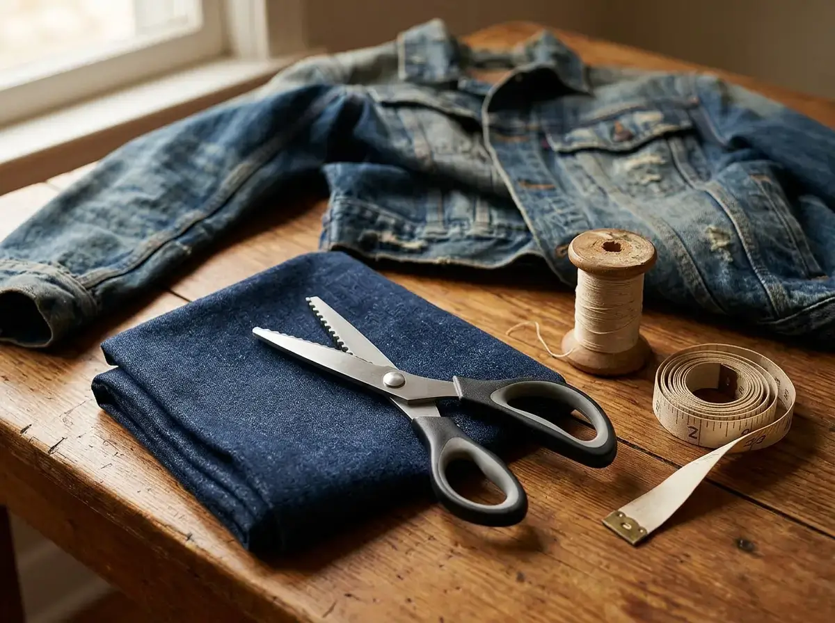 Heavy-duty tailor scissors on folded denim upcycled fashion ideas