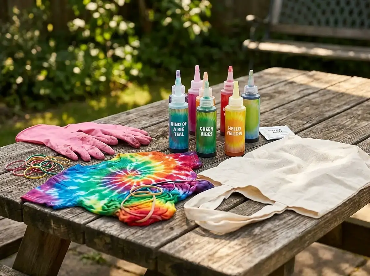 Tie-dye kit and freshly tie-dyed thrift flip t-shirt