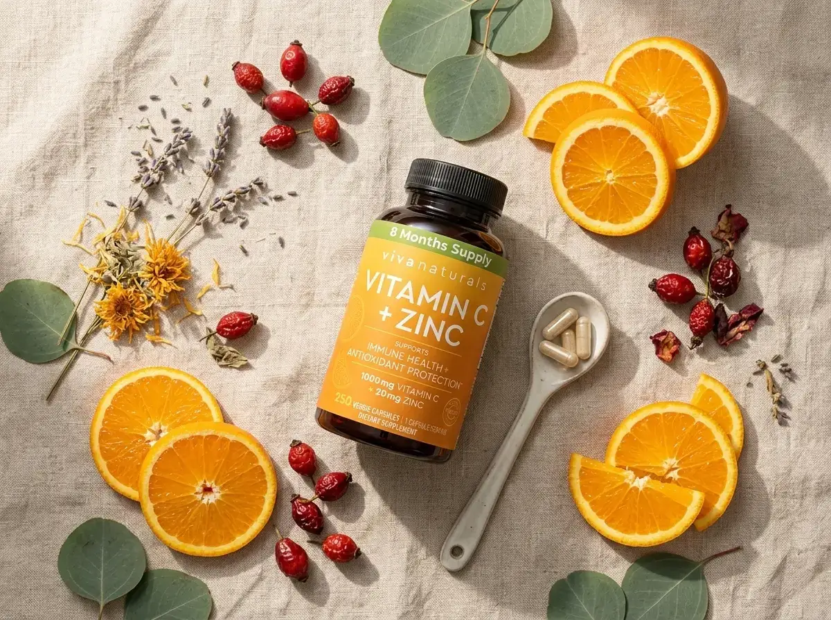 Viva Naturals Vitamin C and Zinc supplement bottle with oranges and botanicals on linen