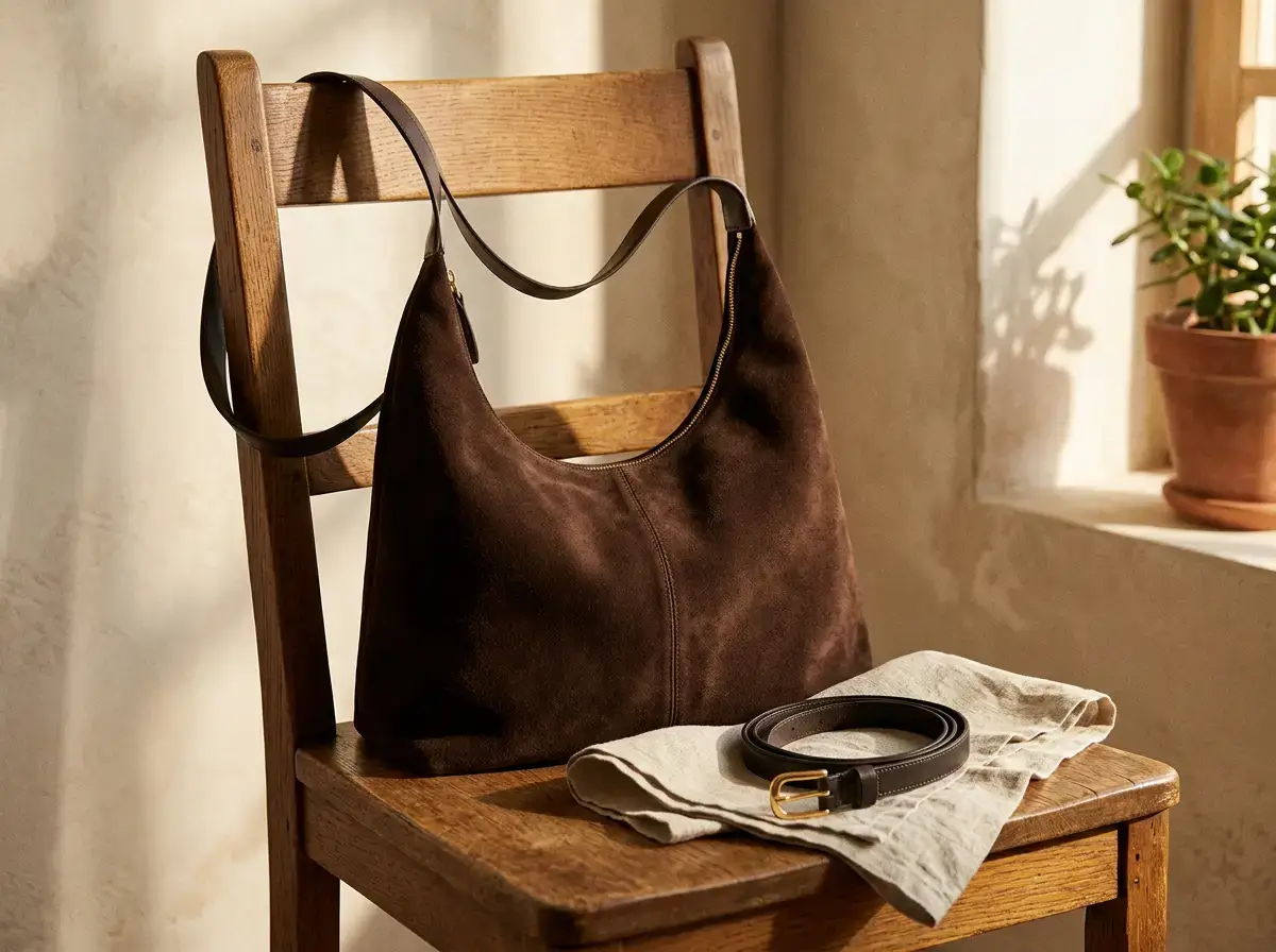 Soft suede shoulder bag on a wooden chair — capsule wardrobe everyday bag