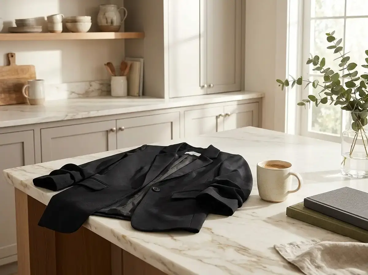 Classic open-front blazer on marble countertop — capsule wardrobe staple