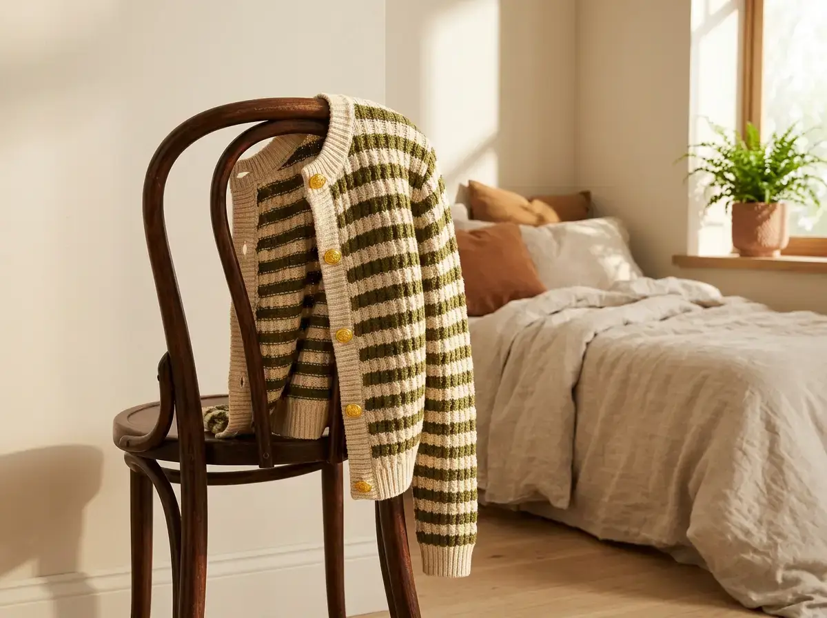 Gold-button striped cardigan draped on a bedroom chair — capsule wardrobe essential